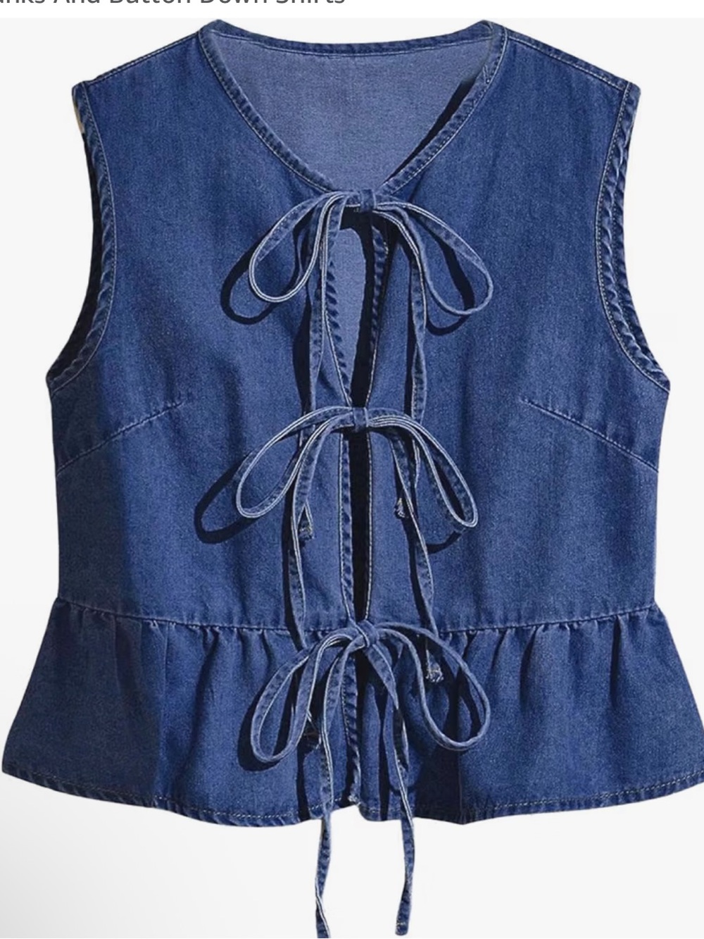 Remidoo Women's Tie Front Denim Vest Ruffle Hem Jean Peplum Top